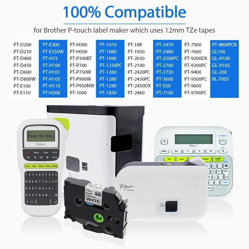 Compatível fita Brother P-Touch Label Maker, Tze 231, 631, 131 para impressora de etiquetas PTD600, PTH110, H107, P710BT, H105, D200, 12 milímetros