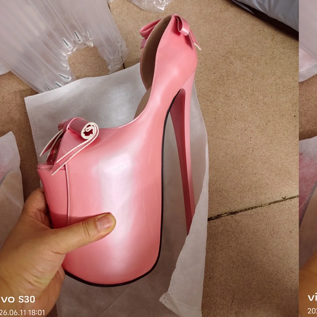 

SDTRFT Crossdresser Summer Platforms Sandals 22cm Thin High Heels Sexy Peep Toe Cute Bowtie Pumps Sweet Women Wedding Shoes