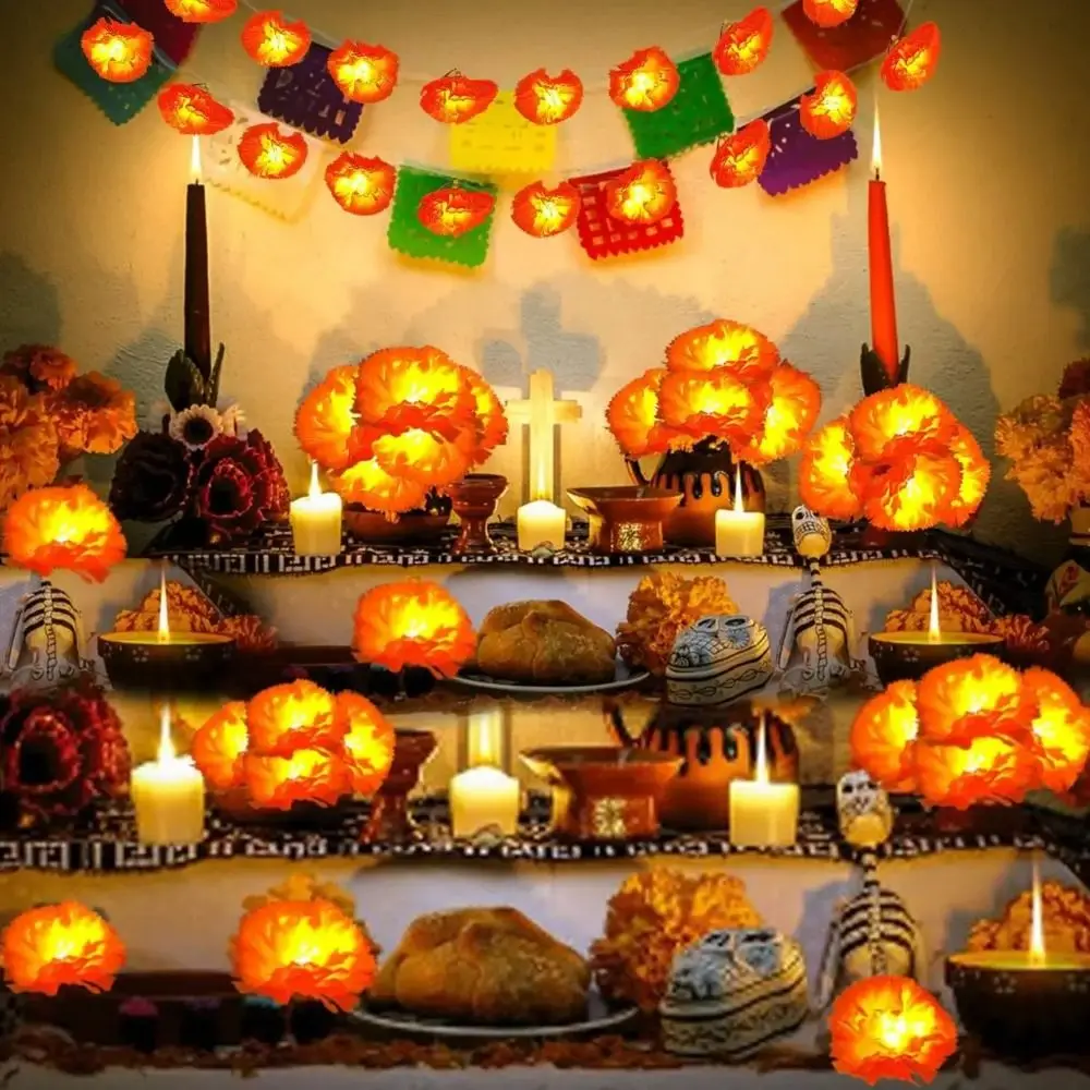 

Mexican Style Halloween Marigold Led Lights Creative Warm Light Artificial Flowers String Lights Orange Battery Operated