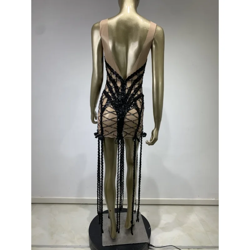Luxus Funkelnde Diamant Dame Sexy Mini Kleid Lange Quaste Ärmellose Prom Abend Party Kleid Leistung Nachtclub Bühne Kostüme