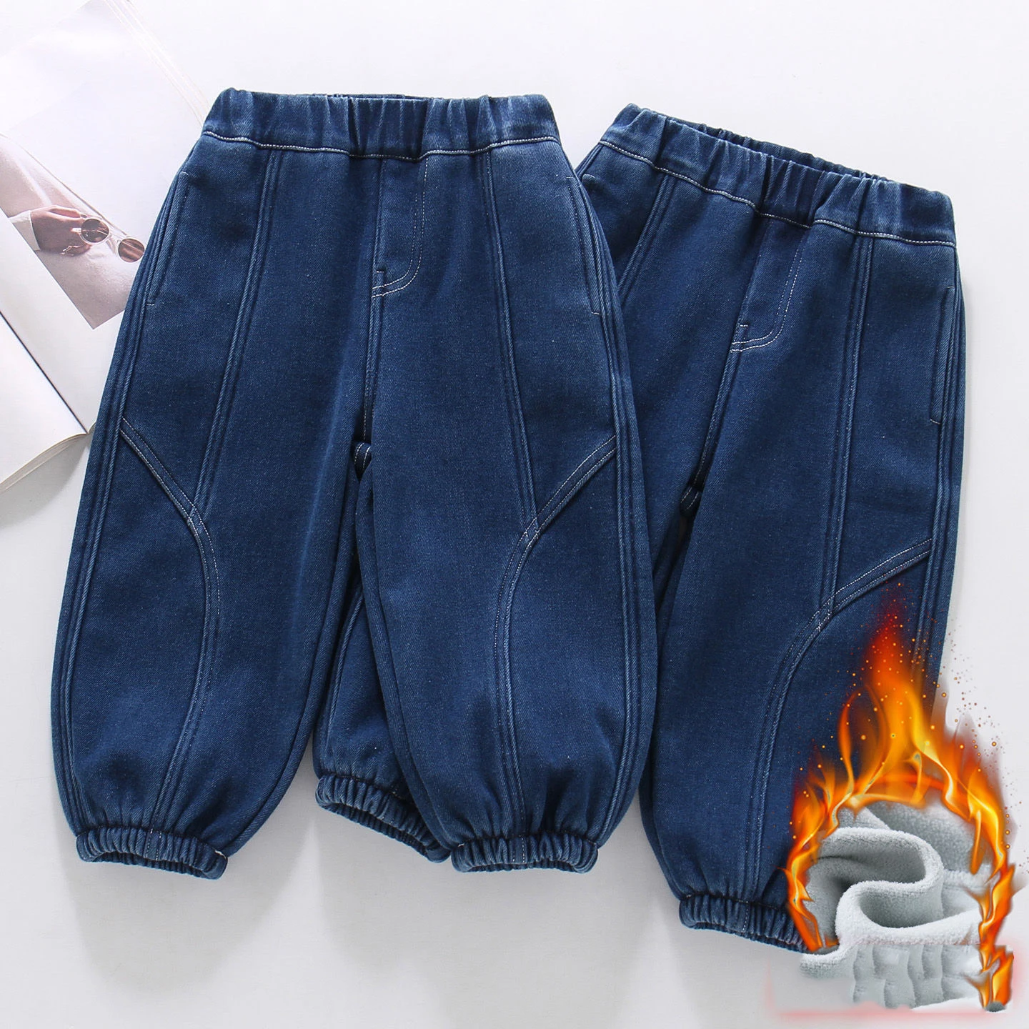 

Джинсы UNITIM для маленьких мальчиков, однотонные утепленные джинсовые штаны для маленьких мальчиков, новые зимние повседневные штаны с эластичной резинкой на талии для маленьких мальчиков