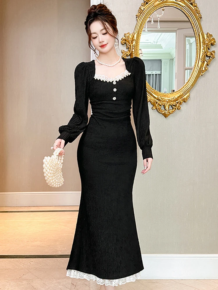 Women Clothes Autumn Winter Black Elegant Luxury Evening Dress Casual Vintage Puff Sleeve Slim Midi Robe Party Prom Vestidos New