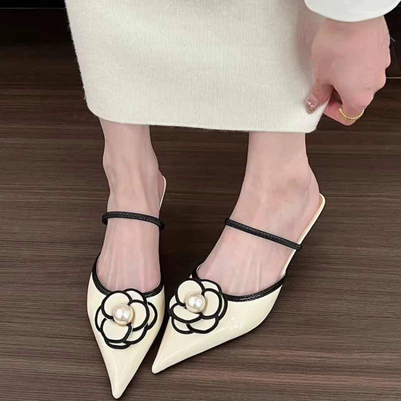 

New Flower Pointed Toe High Heels Women Luxury Designer Sandals Female Elegant Fashion Pumps Woman Flower Mule Slippers Women