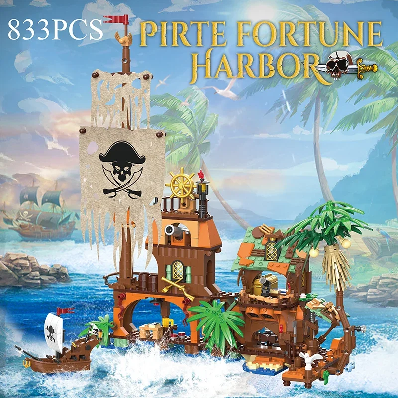 833PCS Pirate Fortune Harbor Building Blocks Pirate Ship House Dock MOC Model Bricks Kids Educational DIY Toys Birthday Gifts