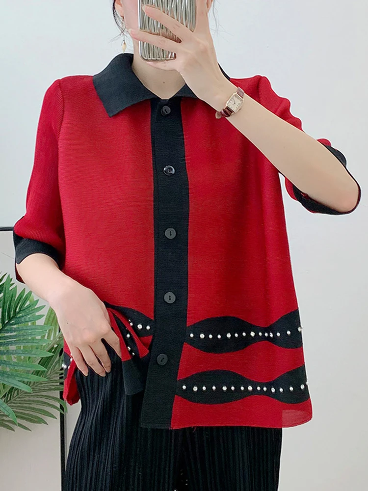 LANMREM Contrast Color Pleated Shirt Women Casual Lapel Half Sleeves Single Breasted Tops 2023 Fashion New Clothing 2AA1501