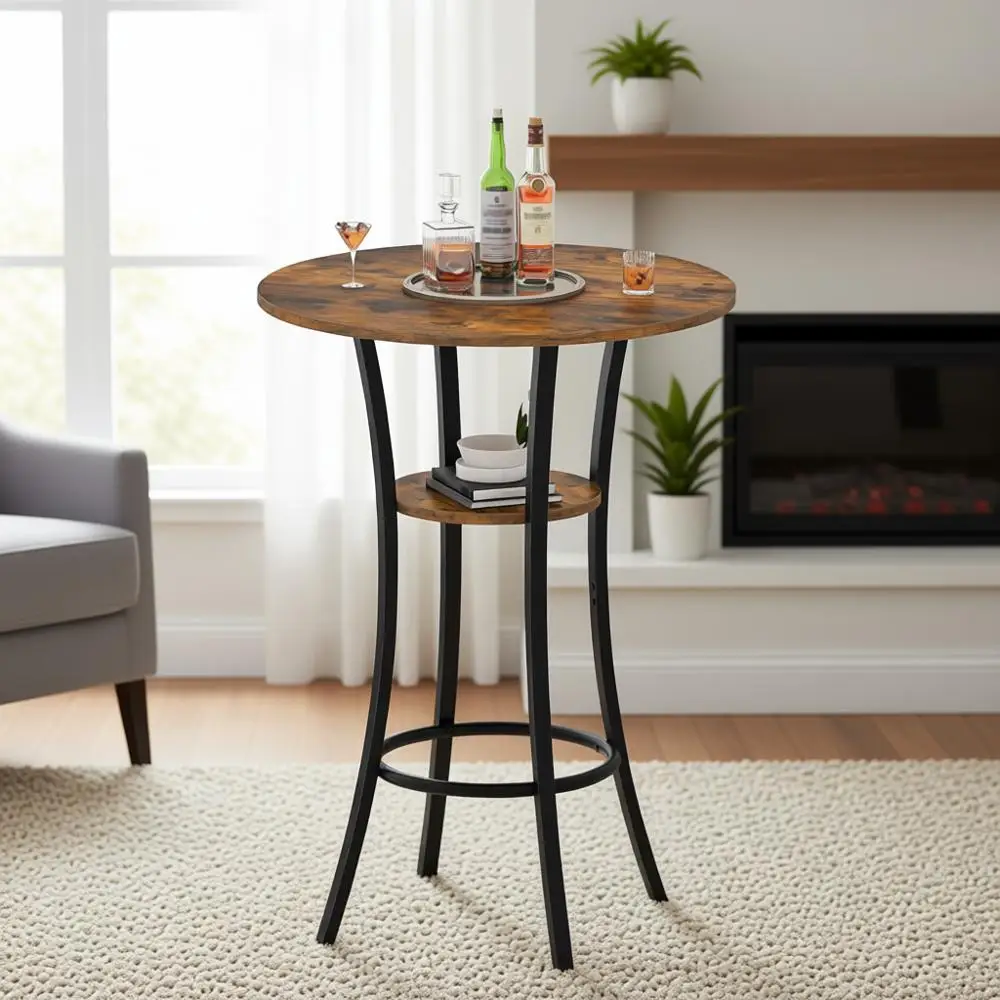 

2-Tier High Top Dining Table, Rustic Brown and Black, Suitable for Kitchen, Living Room, Bistro