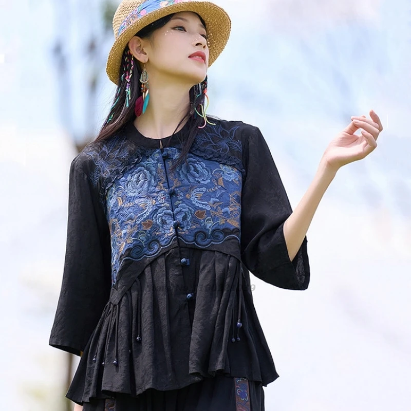 2026 chinese ethnic blouse national flower embroidery traditional patchwork cardigan retro hanfu top oriental vintage blouse