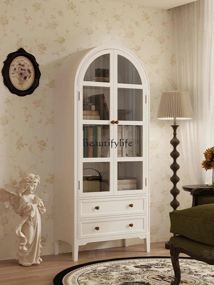 

yj19 Vintage French Style White Arched Bookcase for Living Room and Bedroom with Dustproof Glass Doors