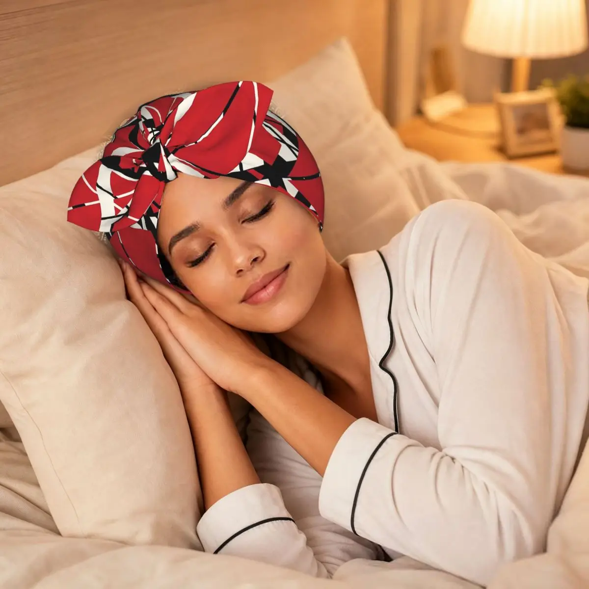 EVH Authentic Stripes Van Halen (red) Sleep Bonnet Double Layer with Adjustable Bow, Reversible Hair Cap for Curly Braids Hair