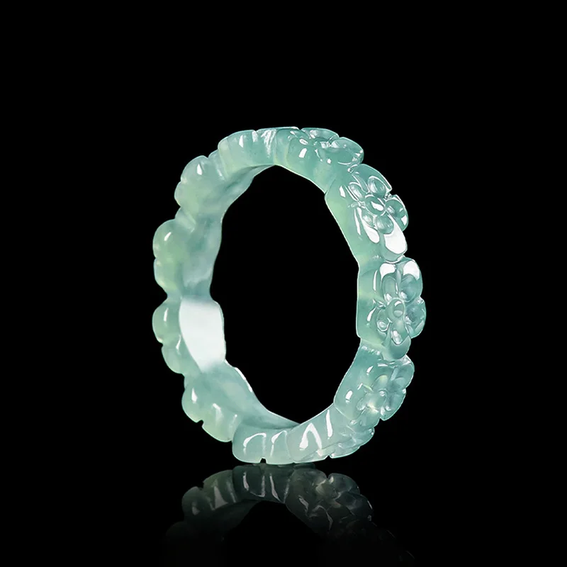 Blue Myanmar Jadeite Flower Ring Talismans Gifts for Women Men Fashion Gemstone Luxury Real Burmese Jade Stone Charm Amulet