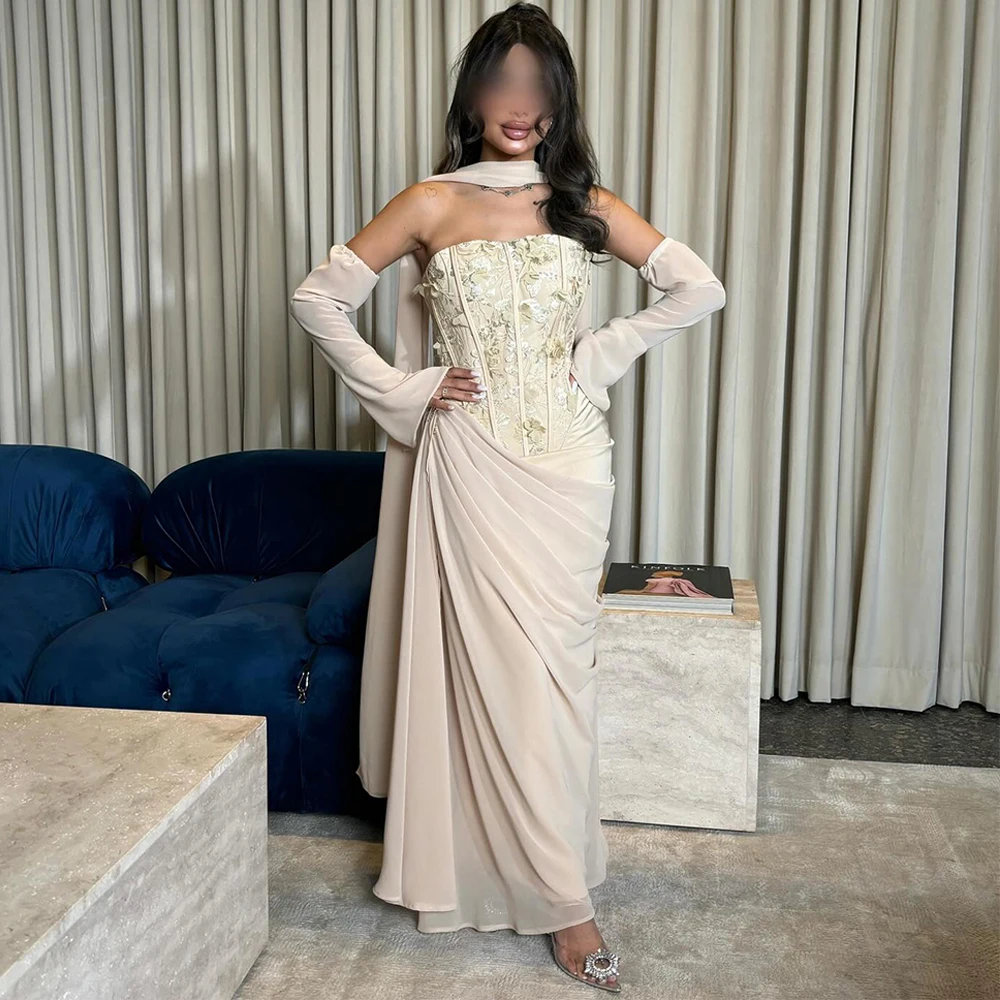 Luxury Chiffon Evening Dress Graceful Strapless Mermaid Prom Dresses Modern Appliques Flowers Customized Special Occasion Gowns