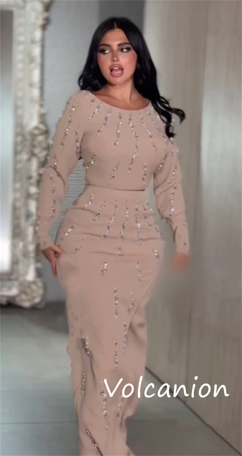 Abiti lunghi con scollo rotondo a trapezio con paillettes in jersey di moda personalizzati Occasioni su misura Eleganti di alta qualità