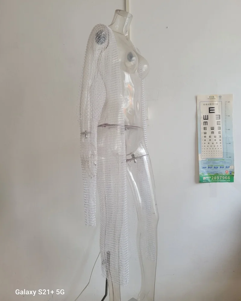 Damen Kristall-Netz Langer Kimono Cover-Up Transparente Fischnetz-Maxikardigan Funkelnde Strass-Strandkleidung – Detail 12