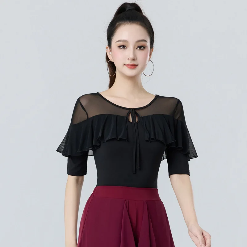 2025年夏 ラテンダンス衣装 レディース トップス 新作 モダンダンス ギタバダンス衣装 メッシュスプライシング ブラック ミドルスリーブ
