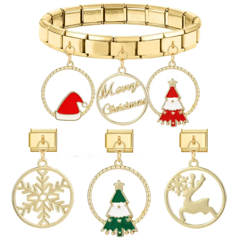 Christmas Enamel Tree Bell Santa Snowflake Italian Charms Bracelet for Women Men Gifts Trendy Stainless Steel DIY Making