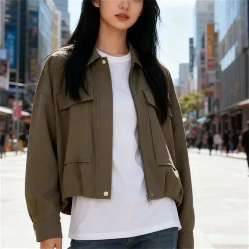 

Осенняя модная модная сексуальная женская куртка-авиатор со складками по подолу 2025 года