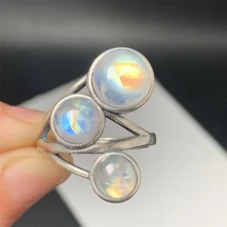 Natural Blue Colorful Light Rainbow Moonstone Rings Women Clear Moon Stones Waterdrop Beads Horse Eye Ring Oval 925 Silver AAAAA