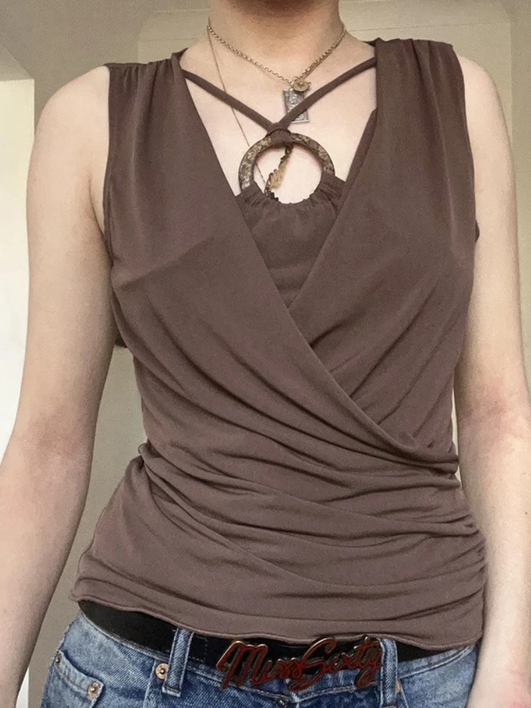 

Korobov Summer Slight Strech America Retro Y2k Slim Solid All Match Fake Two Piece Folds Sleeveless Tanks