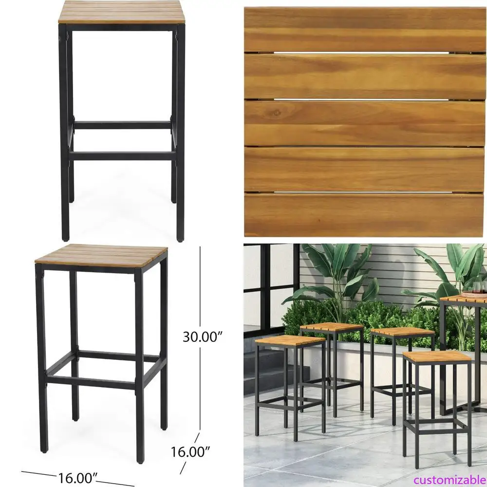 

Frieda Outdoor Современные промышленные барные стулья из дерева акации, набор из 4 шт., отделка из тикового и черного цвета