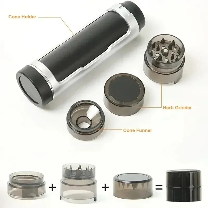 Portable Dry Herb Grinder with 3 in 1 Tobacco Filling Horn Tube Function Grass Crusher Cigarettes Case Smoking Pipe Accessories