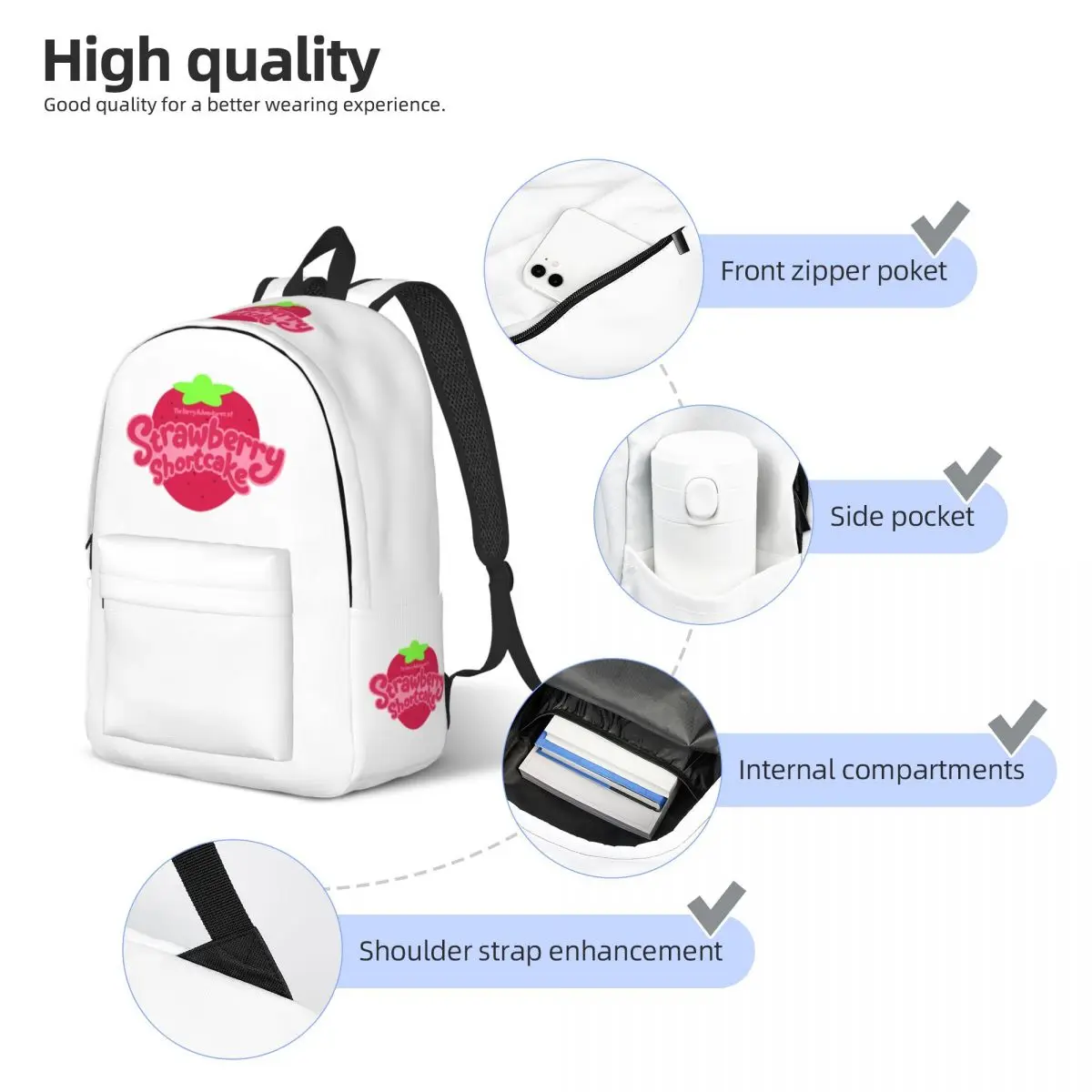 Mochila leve para homens e mulheres, bolo de morango, mochila de negócios, laptop, computador, estudante, moda