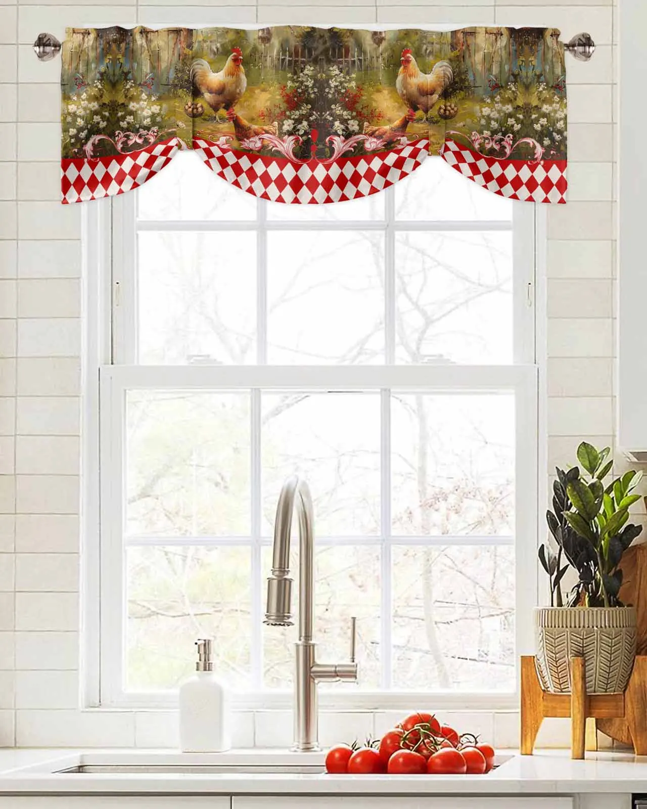 Retro Country Farm Hen Window Curtain Living Room Kitchen Cabinet Tie-up Valance Curtain Rod Pocket Valance