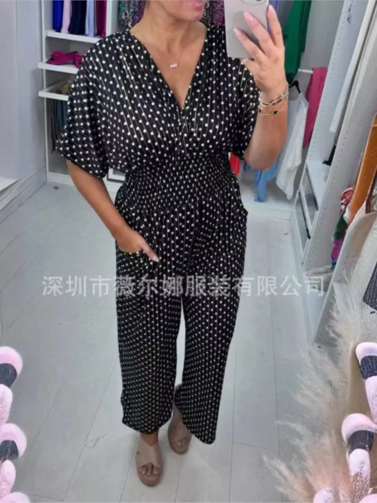 

Women Dot Jumpsuit Suits 2025 Summer V-neck Short Sleeve High Wasit Jumpsuits Female Summer Fashion Elegant Casual Lady Clothing
