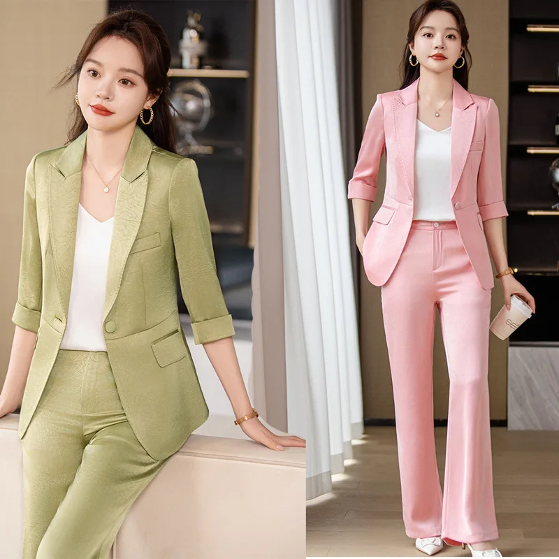 Pink Acetate Satin Suit Women2024New Summer Thin Casual Small Suit Jacket Business Wear