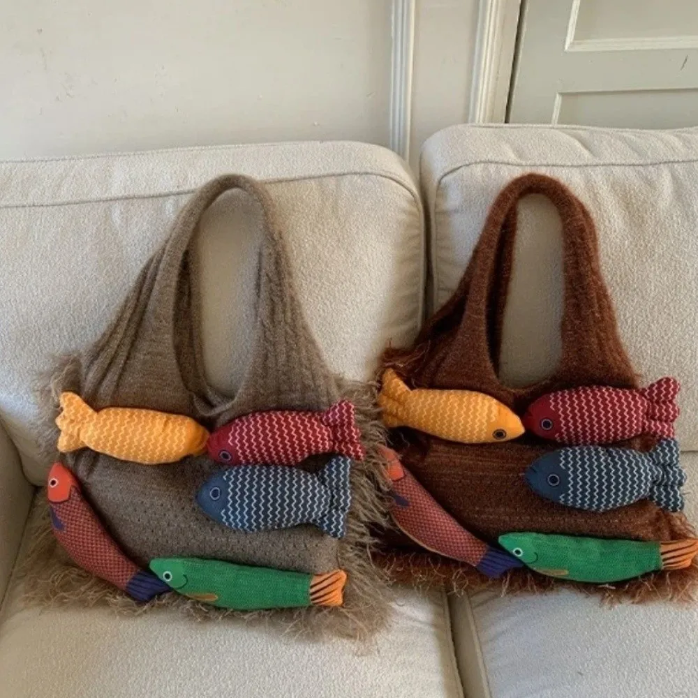 Casual Fish Pattern Woven Bag Contrast Color Large Capacity Knitted Tote Bag All-match Korea Style Boho Shoulder Bags Commuting