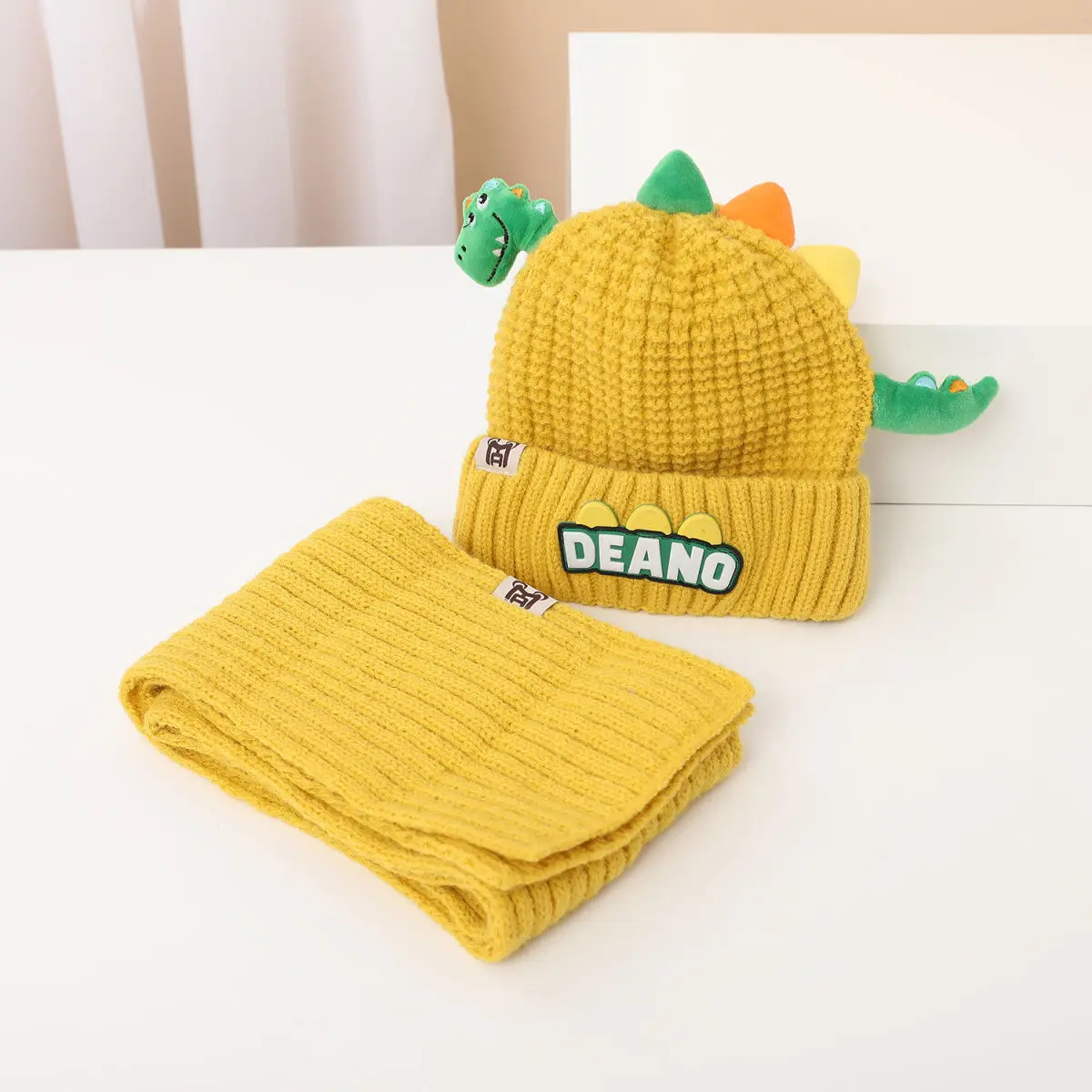 New Winter Cute Kids Fur Ball Knitted Beanies And Scarf 2pcs Set Baby Boy Girls Cartoon 3D Dinosaur Warm Hats Accessories