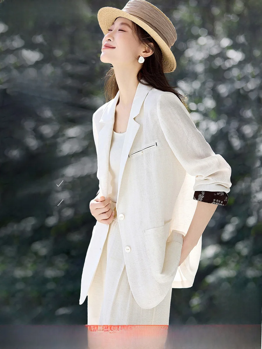

Mehemay Natural Linen Thin Suit Jacket 2026 Spring Commute Style Color Block Women's Business Casual Long Sleeve Coat