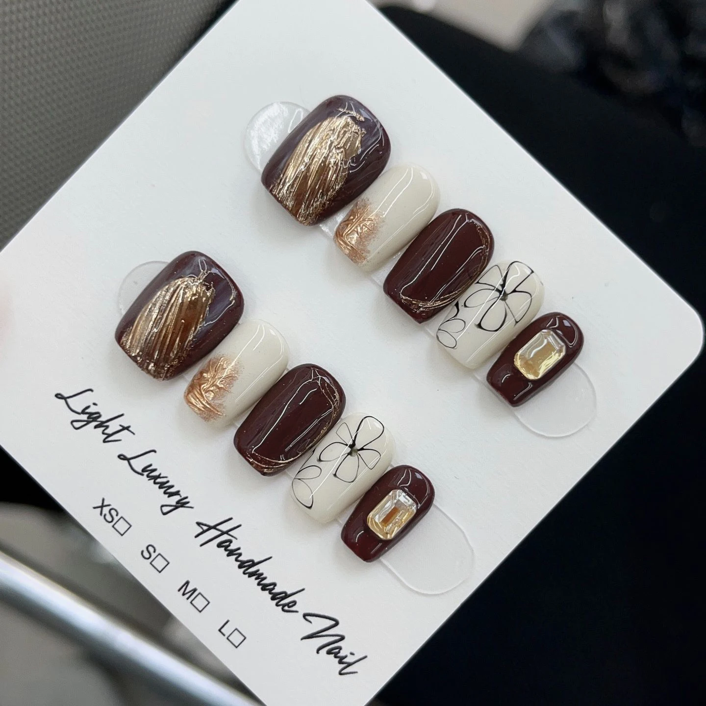 10 stuks Amber Kleur Smudge Vierkante Nagel Tips Art Goudfolie Ontwerp Stok op Kunstnagels Cat Eye Glitter Afneembare Handgemaakte Nagels