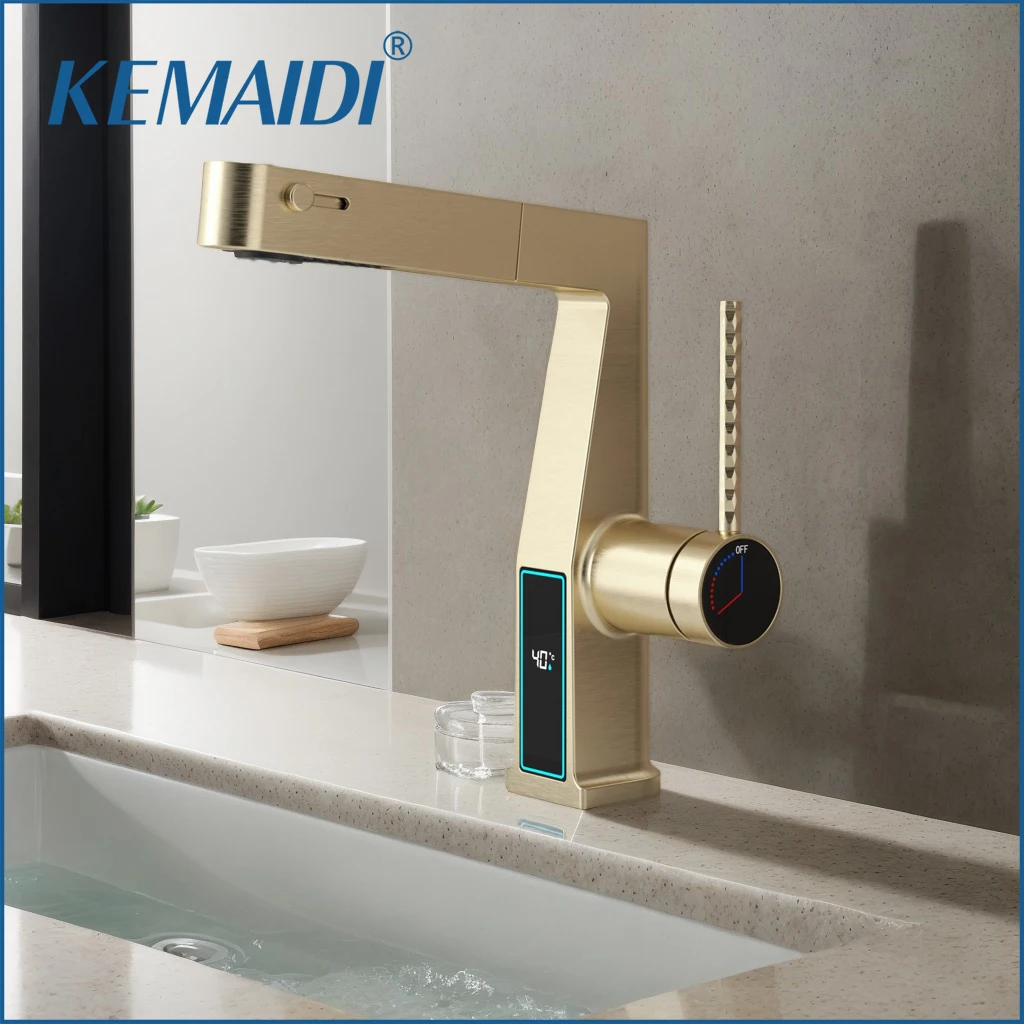 

KEMAIDI Brushed Gold Bathroom Faucet with Digital Display Pull-Out 3-Function Sprayer, Single Handle Mixer Tap for Vessel Sink