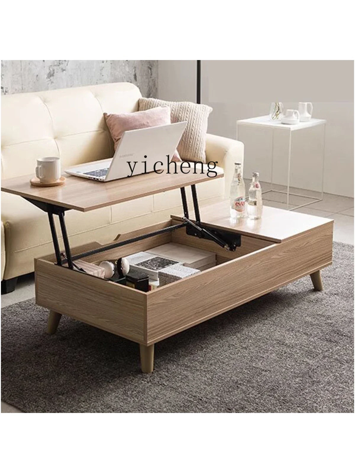 liftable simple modern hydraulic damping coffee table multi-functional folding small table with drawers
