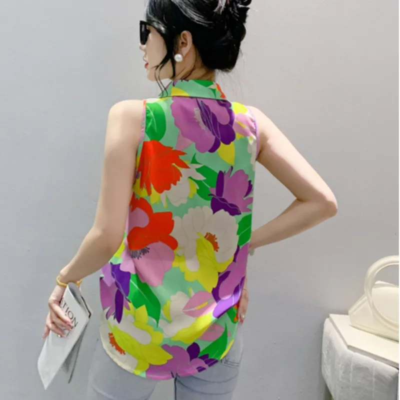 #7113 Sleeveless Shirt Women Slim Vintage Printed Womens Tops And Blouses Sexy Streetwear Short Shirt Female Korean Fashion