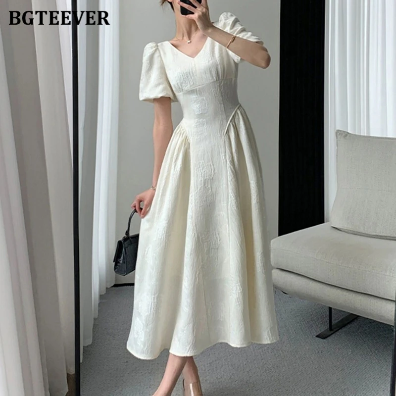 BGTEEVER Vintage Puff Sleeve Women Mid-Length Dress Summer V-neck Slim Waist Female A-line Dress Elegant Ladies Solid Dress