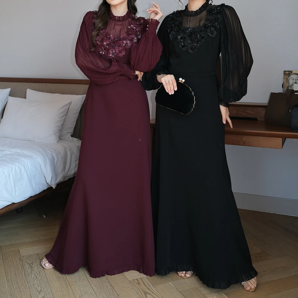 

Вечерние платья трапециевидной формы по индивидуальному заказу, длиной до пола, с высоким воротом и длинными рукавами, платье для выпускного вечера, модные цветы, простое драпированное вечернее платье с рюшами