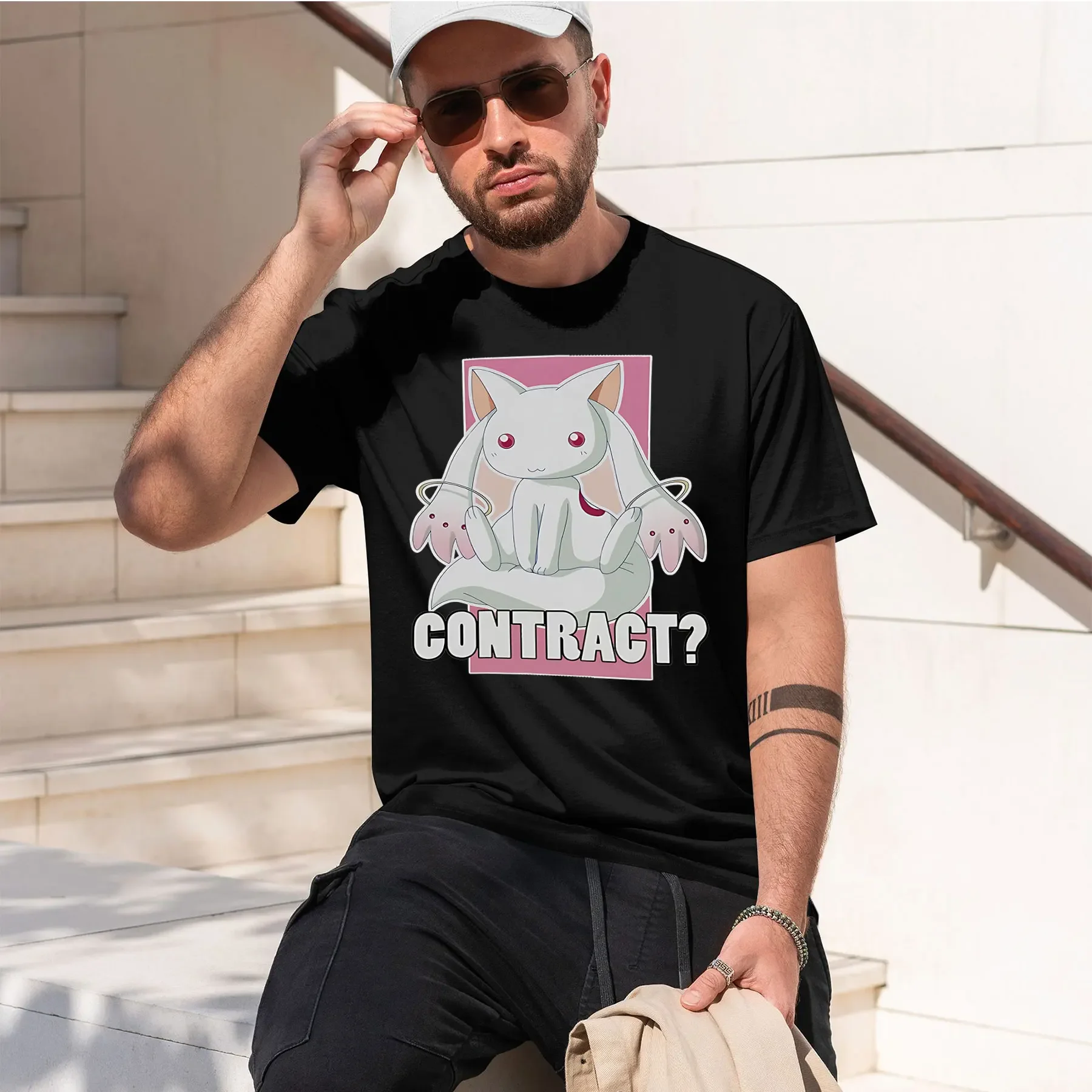 Kyubey Puella Magi Madoka Magica 2026 nueva camiseta de moda de gran éxito con estampado retro divertido y cuello redondo para uso diario.