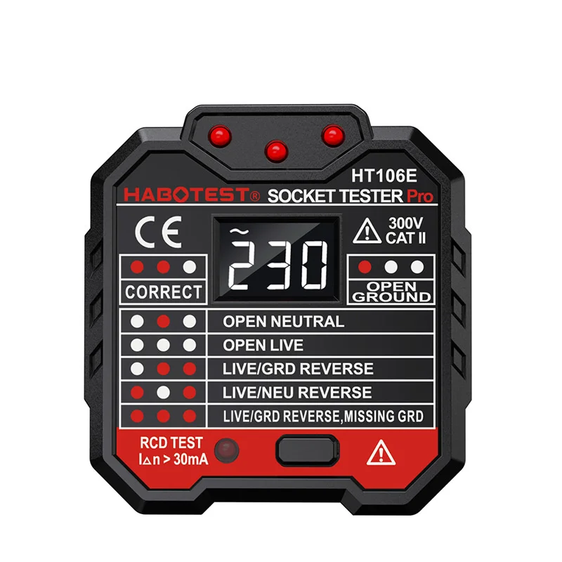 Socket Tester HT106E/HT107E Voltage Test Socket Detector 30mA Ground Zero Line Plug Polarity Phase Check With LCD display