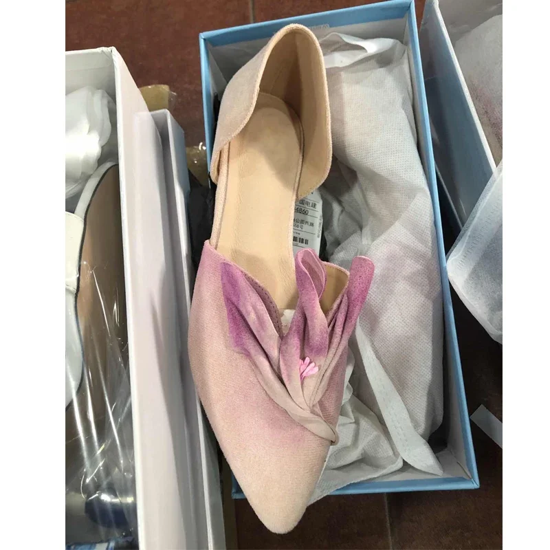 Fog Powder Petal Pointed Toe Flat Sandals Woman Summer 2026 Green Closed Slip-On Hollow Scoop Shoes All-Match Shoes for Women