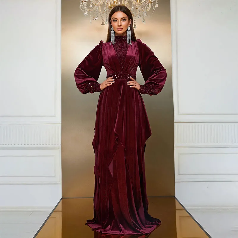 Elegant Velvet Sequined Mother Of The Bride Dresses  A-Line high Neck Empire  luxury Long Sleeve Birthday party Evening Gowns