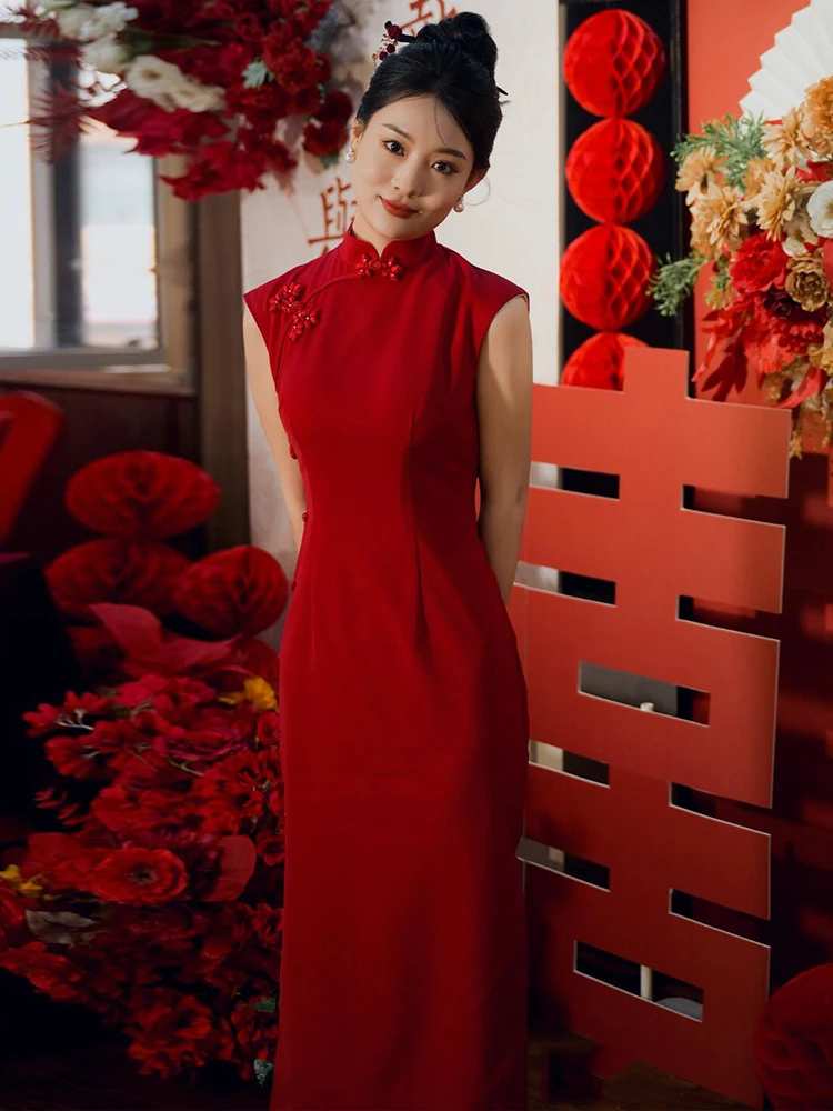 

Red Wedding Dr ort Sve mid Waist Cusizable Formal Wear for Engagement And Bridal Ceremony