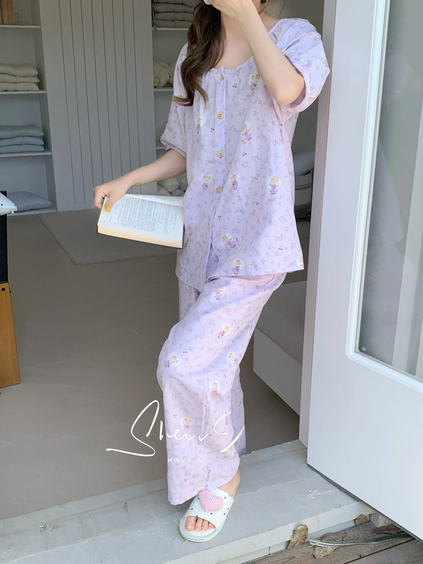 vetements-d'ete-en-coton-pour-la-maison-col-rond-manches-courtes-coupe-ample-confortable-doux-pur-coton-gaze-double-couche-style-doux-et-elegant-en-violet