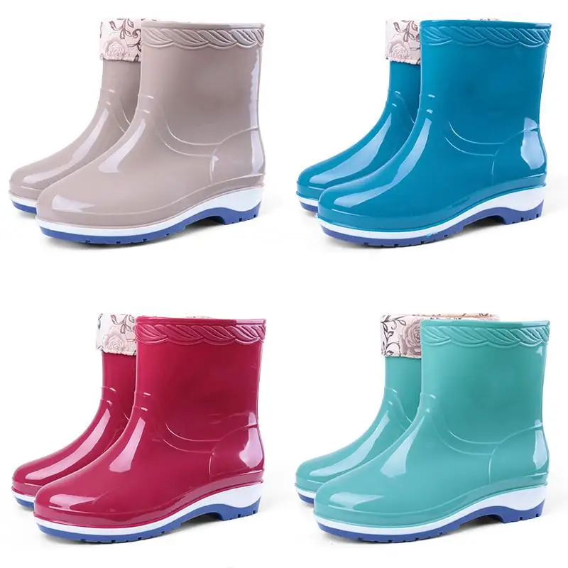 Fashionable Autumn Winter Waterproof Anti-Slip Fleece Lined Mid-Calf Work Boots Ladies Rubber Shoes Comfortable All-Weather B...
