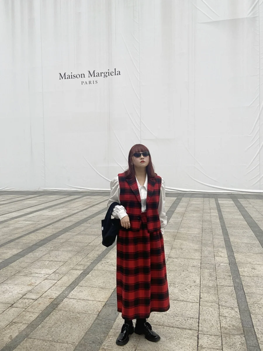 

plus Size Faionable Red Plaid A-Line Midi Skirt High Waist Slimming Versatile Long Skirt Autumn Winter New Sle Women's Skirt