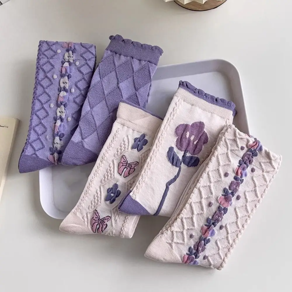 5Pairs Fashion Purple Series Floral Tube Socks Bowknot Flower Girls Mid-calf Socks Hosiery Harajuku Sweet Sock Women Warm