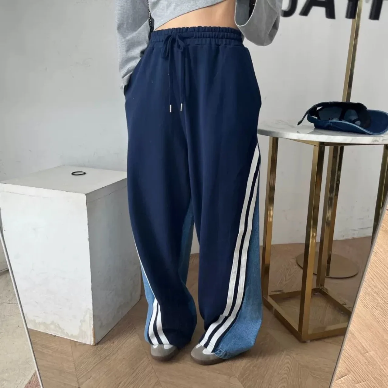 SuperAen Korean Style Fashion Design Denim Striped Patchwork Casual Pants Autumn High Street Elastic Waist Loose Wide Leg Pants