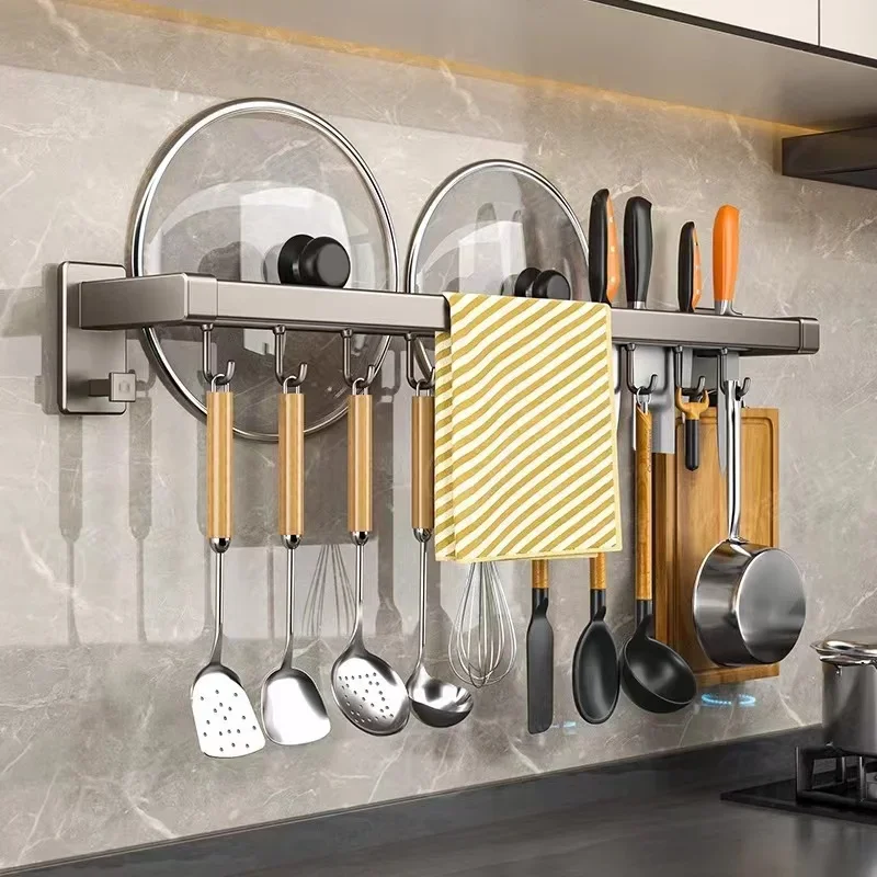 

Wall Mounted Kitchen Rack Aluminum Movable Hook Spoon Shovel Organizer Spatula Chop Shelf Kitchenware Bathroom Accessories