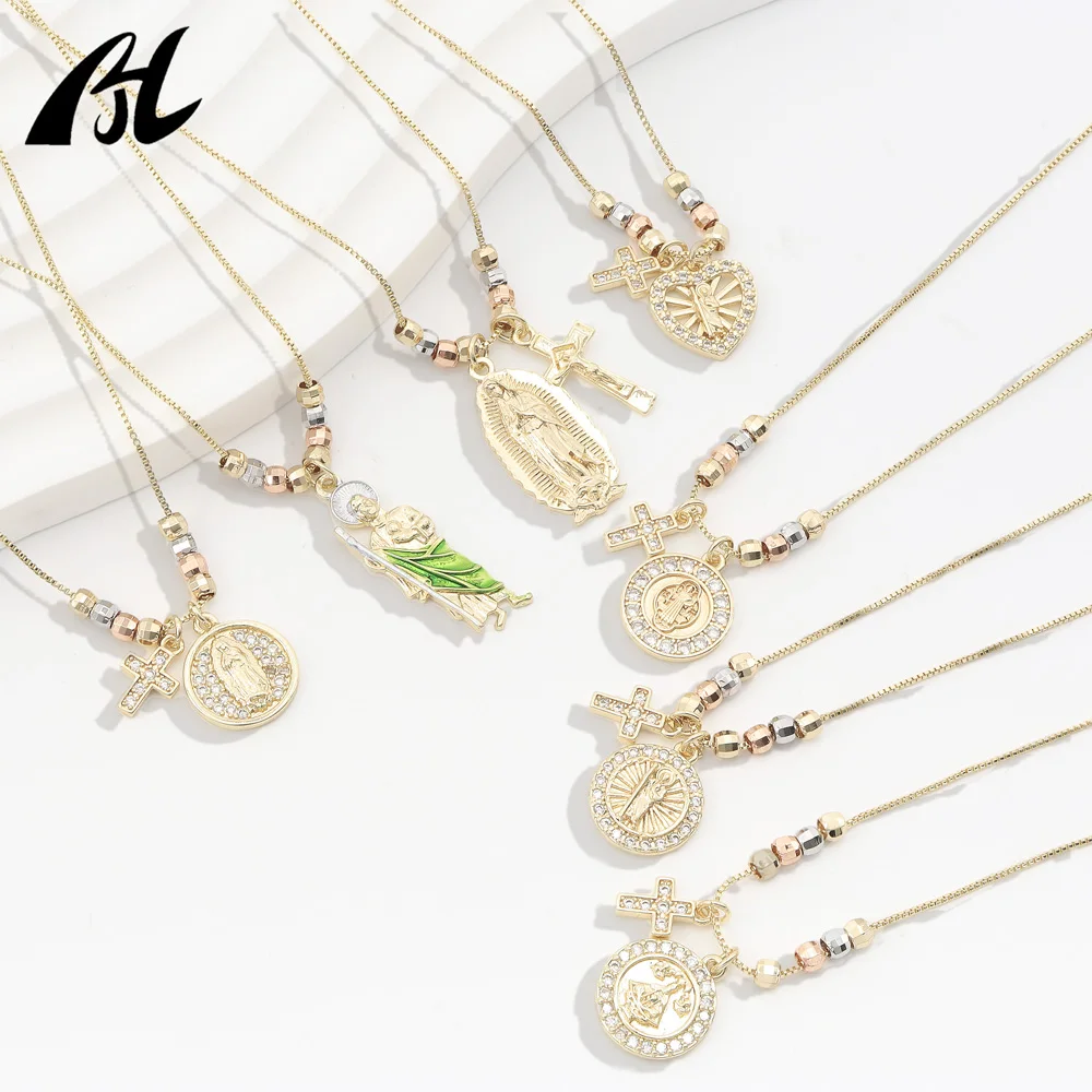 Light Luxury 14K Double Pendant Necklace Virgin Mary Saint Judas Religious Three-Color Rosary Pure Fashion Pendant Necklaces