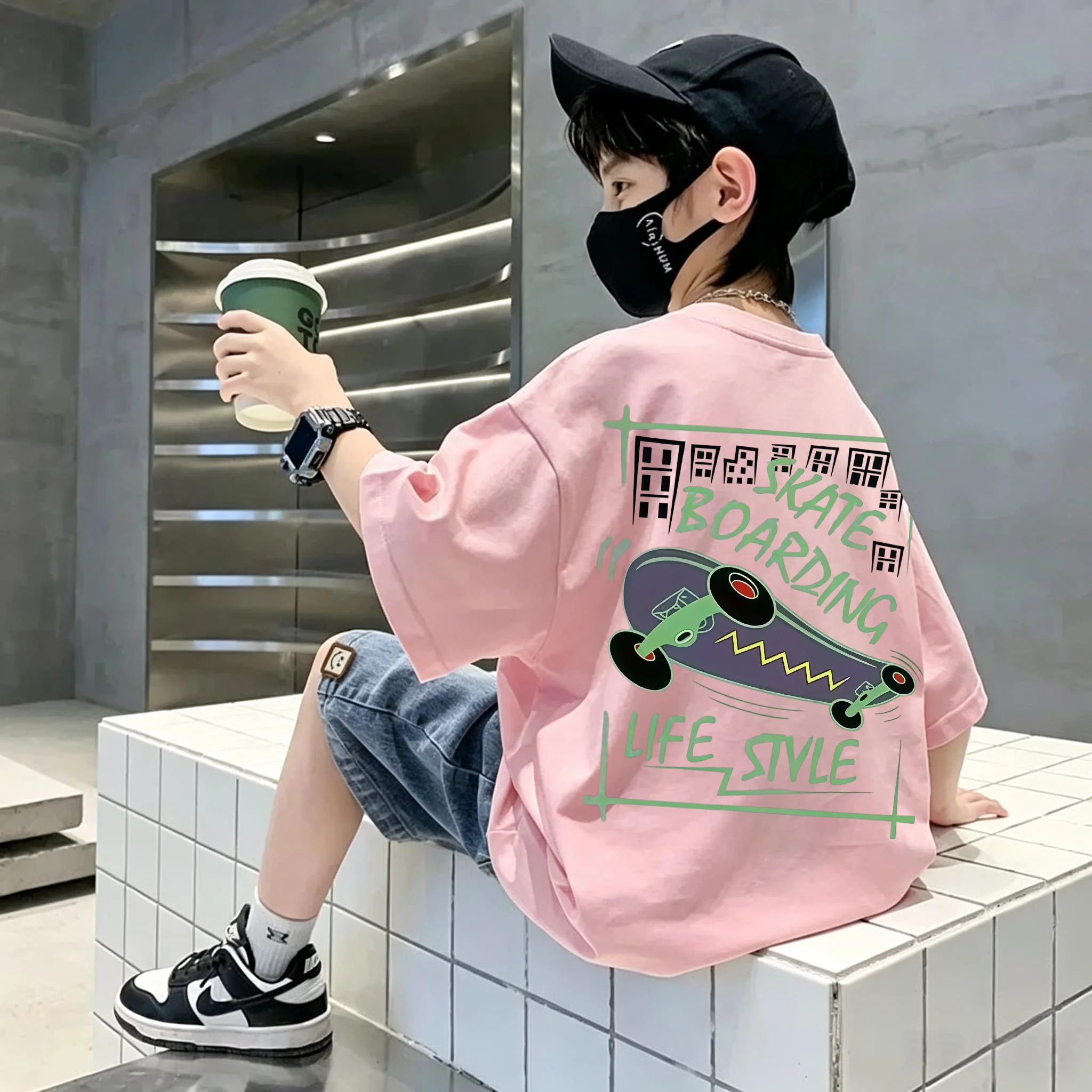 Cool Skateboard Pattern Children's Pure Cotton T-Shirt Short Sleeve - Large Size, Versatile, Loose-Fitting, Breathable Top